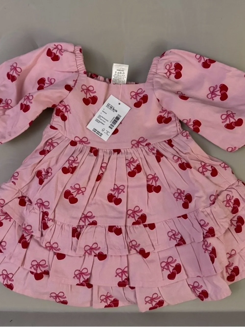 Girls Pink Cherry Print Tiered Dress